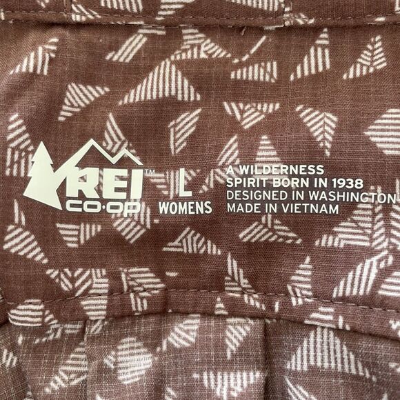 REI Long Sleeve Button Down Brown Shirt With Geometric Pattern. Size Large. - Picture 9 of 12